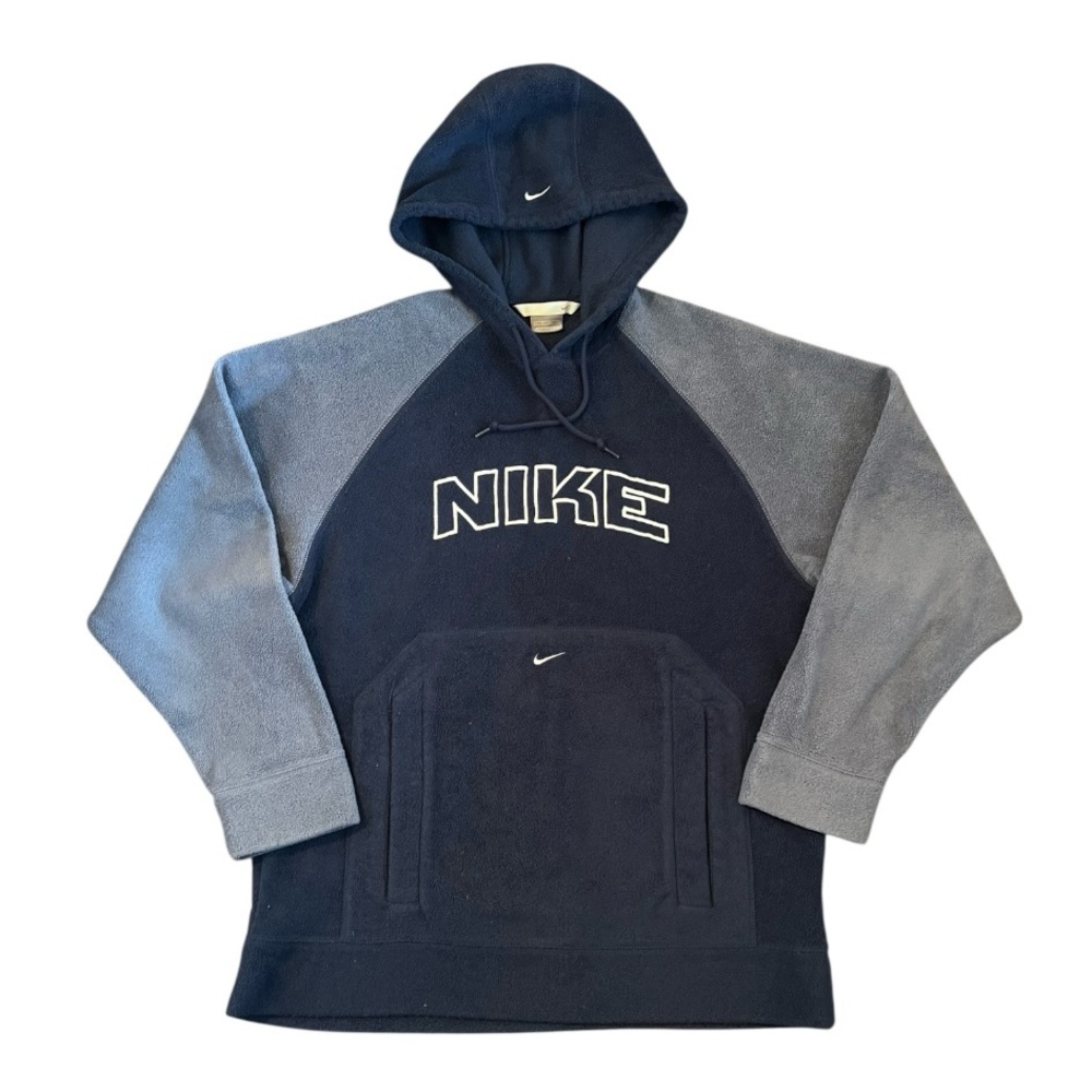 Vintage Nike Women’s Oversized Dark Blue and Medium Gray Hoodie Excellent Cond